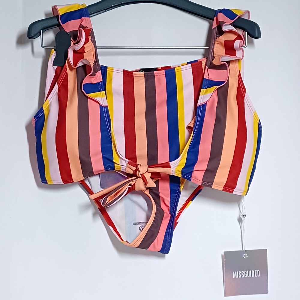 Missguided Multi Striped Ruffle Tie Front Bikini Set High Waisted Size US 6 NEW